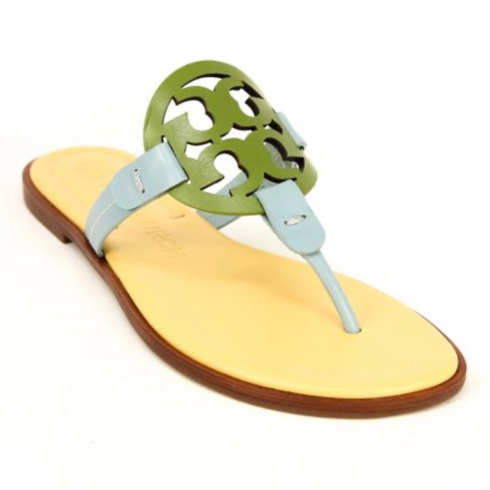 Tory Burch Light Blue and Green Leather Logo Thong Sandals